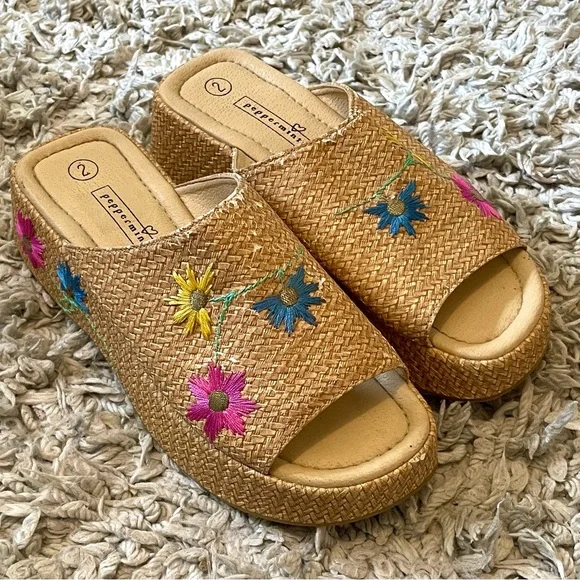 Peppermints Floral Embroidered Raffia Wedge Sandals, Size 2