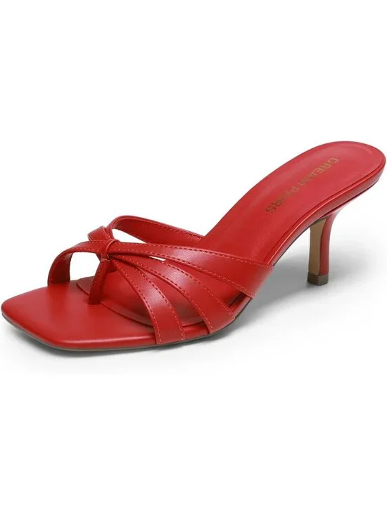 Women's Red Faux Leather Square Open Toe Thong Mules Strappy Casual Kitten Heels