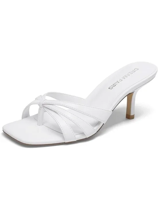 Women's White Faux Leather Square Open Toe Thong Mules Strappy Kitten Heels