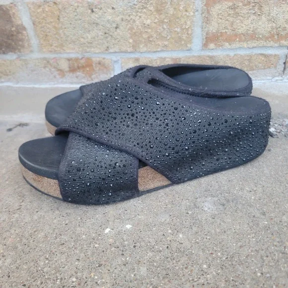 Volatile Sandals‎ Women Size 9 Black Rhinestone Crisscross Platform Wedge Slides