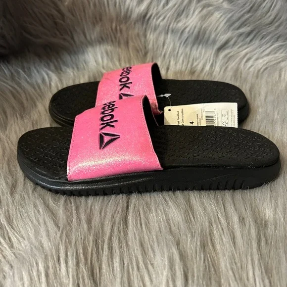 Reebok‎ Slides Girls Size 4 Pink Black Sparkly Glitter Slip On Sandals Shoes