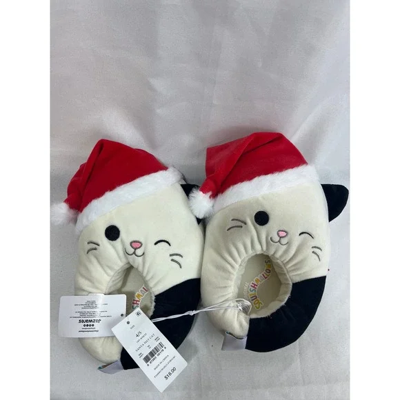 Squishmallows Cam the Cat Santa‎ Hat Christmas Plush Slippers Kids Size 4/5 NEW