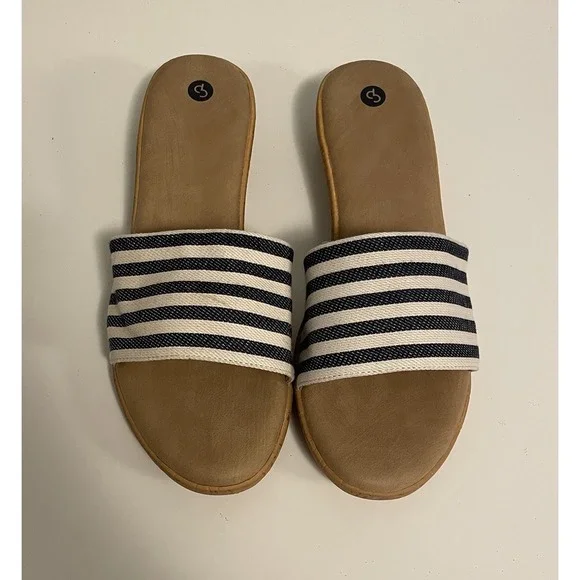 Dress Barn Size 10 Sandal Slide Navy‎ Blue Stripes Slip On NWT