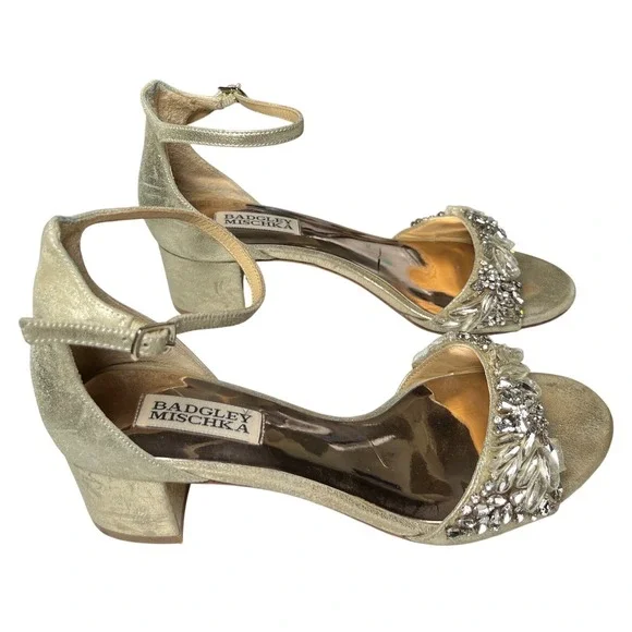 Formal Gold Embellished Block Heels‎ Badgley Mischka Ankle Strap 6.5