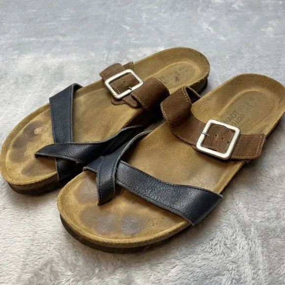 Naot Womens Fresno Leather Sandals 42 US 11-11.5 Navy Brown Loop Toe Cork Sole