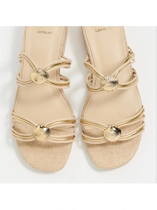 Larroudé Shelly Mule Sandal Strappy Leather Beige Gold Seashell Accent