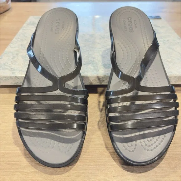 Crocs Meleen Women's Black/Smoke Twist Strap Slip-On Comfort Slide Sandals‎ 7
