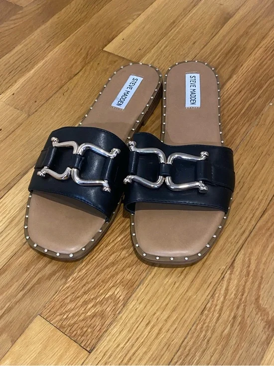Steve Madden Black Slide Sandals with Silver Accent