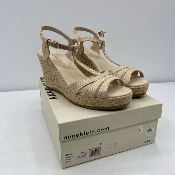 Anne Klein Womens Waves Beige Raffia Wedge Sandals 8 Medium (B,M)
