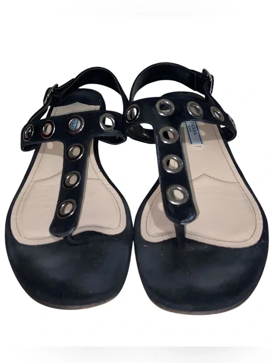 Prada Sandals Womens Size 37 Black Suede T-Strap Grommets Shoes Italy Designer