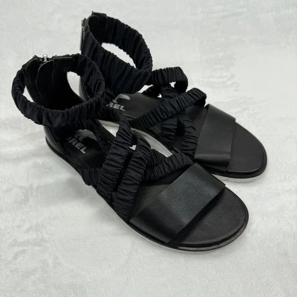Sorel Gladiator Sandals Ruched Straps Back Zipper Black Leather Size 6.5‎