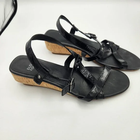 Eileen Fisher Women's Sz 9.5 Black Patent Leather Cork Low Wedge Strappy Sandals