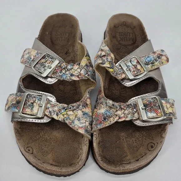 Muk Luks Slide Sandals Silver Multicolor Braided Metallic Cork Slip on Boho sz 9