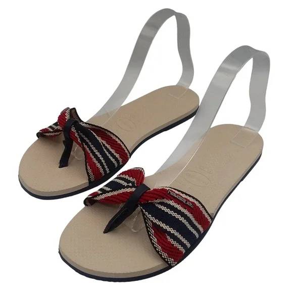 Havaianas Bow Flip Flops Thong‎ Sandals Striped Red Blue Beige Women's US11 EU43