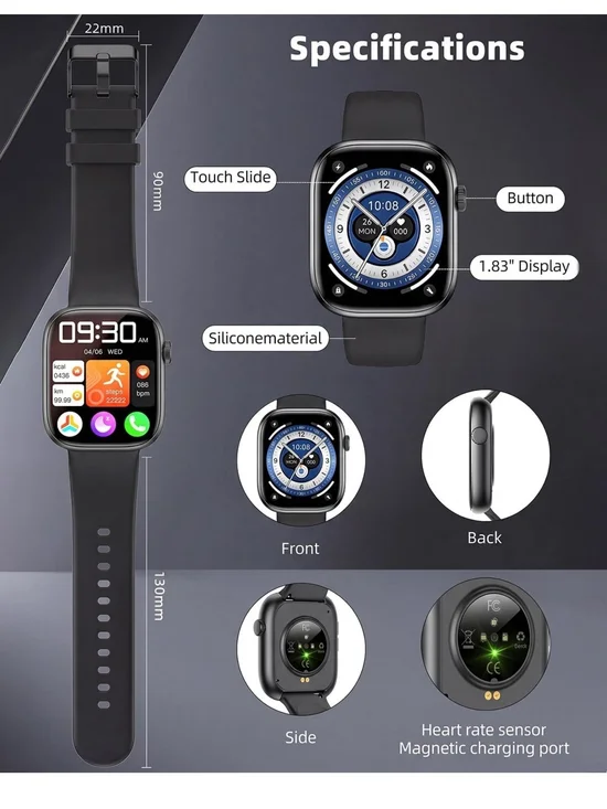 Black Smartwatch with Silicone Band - Touchscreen 1.83