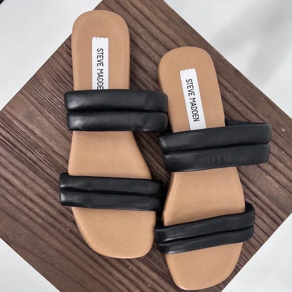 Steve Madden Leather Black‎ Puffy Double Strap Slide Sandals Square Toe Size 9