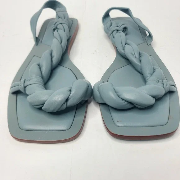 Zara Leather‎ Blue Braided Square Toe Strappy Flat Slingback Sandals EU 39