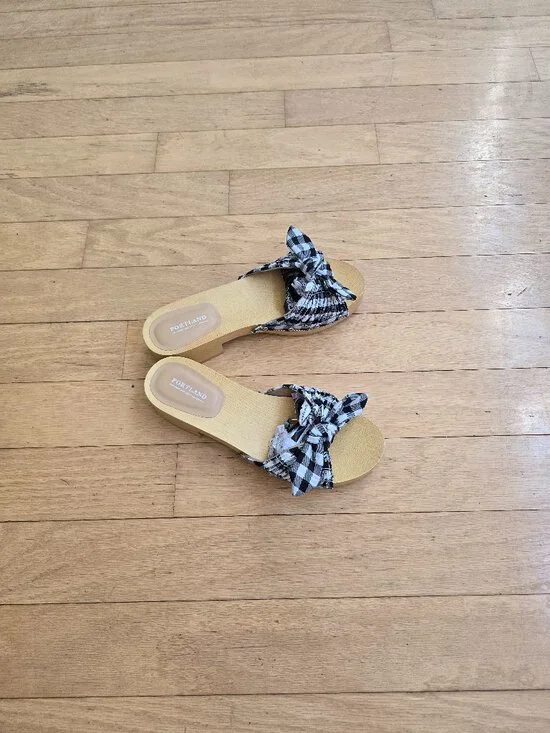 Portland Boot Company | Callie gingham black white bow platform sandals | WMS 8