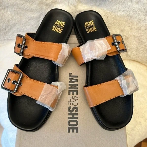 Jane and the Shoe Audrey Black and Brown Sandals‎ NWOT Sz-6.5.   N