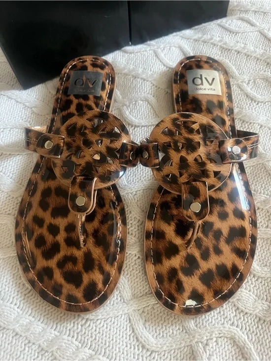 Dolce Vita Leopard Patent Die-Cut Laser Thong Sandal in Leopard Various Sizes.