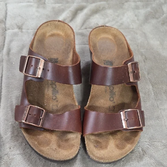 Papillio Women's  Brown Leather Wedge Sandals Slip-On Buckles Sz 38/7‎ EUC