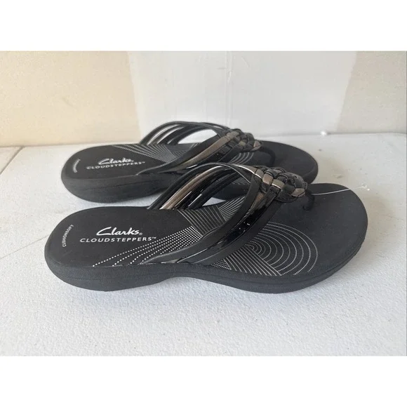 Clarks Women's Cloudsteppers Breeze Sea Sandals Black Patent Size 6 Nwt Summer
