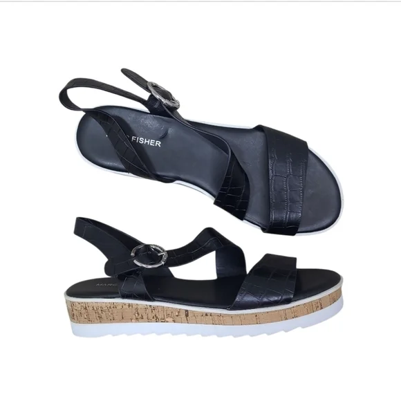 Marc Fisher Grandie Wedge Sandal  Black Croc Print Size 9.5 M