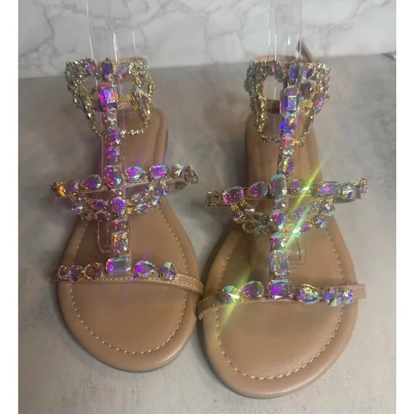 Women's Thalia Sodi Beige Iridescent Embellished Flat Sandals Size 6