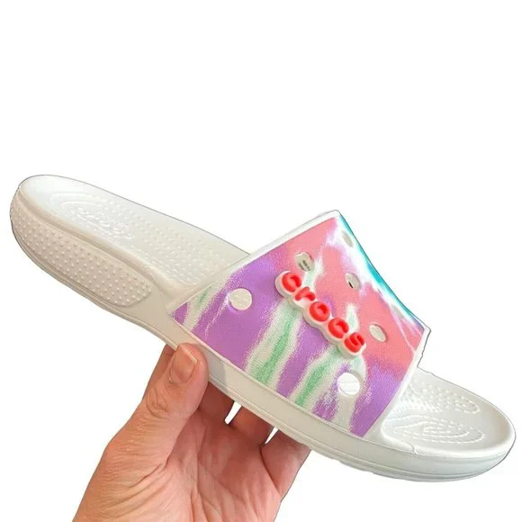 Crocs Womens Slides Sandals Size 9‎ White Multic Lightweight Comfortable Sandal