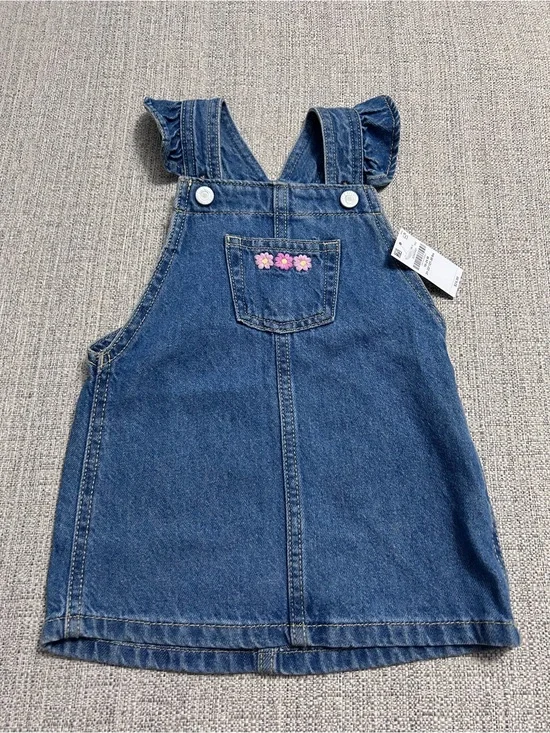 Old Navy Denim Pinafore Dress w Pink Flower Embroidery. NWT Size 18-24M Cotton