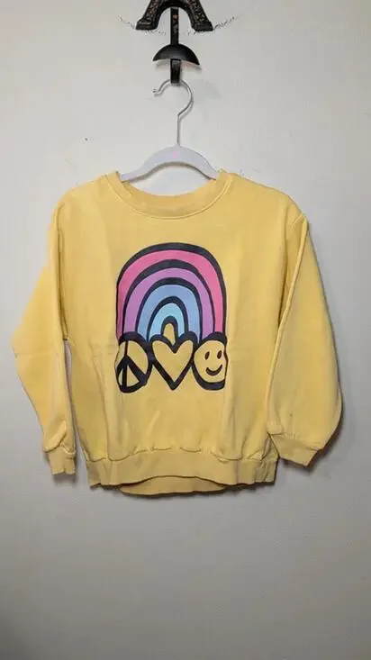 Old Navy Kids Yellow Rainbow Sweatshirt Peace Love Happiness Girls Size 6T