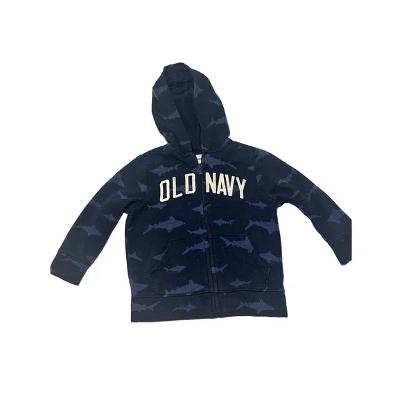 Old Navy Toddler Boys Shark Print Zip Up Hoodie Jacket Size 2T Navy Blue Fleece