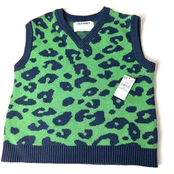 Old Navy Green and Blue Leopard Print Sleeveless V Front Sweater Vest   Sz 2T