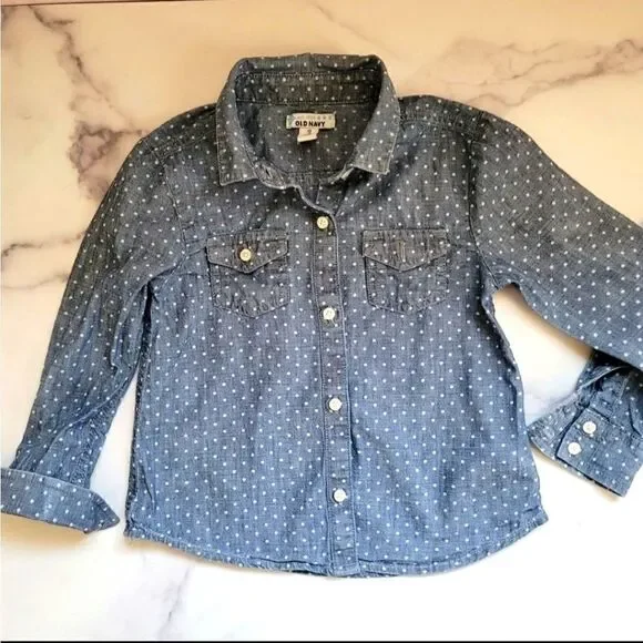 Polka dot button up collared fall shirt denim