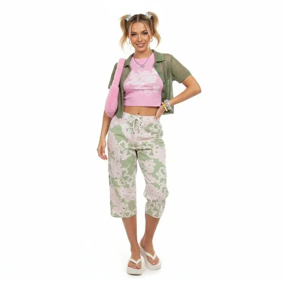 Y2K 2004 Old‎ Navy Girls Floral Hawaiian Print Capri Pants 16 Tropical Summer