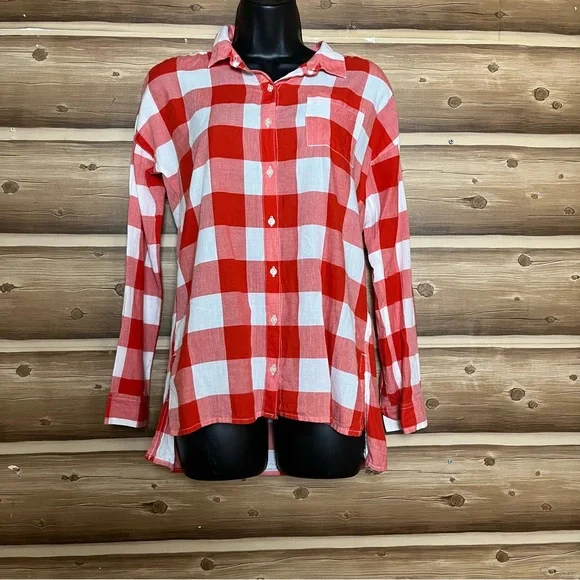 5/$25 Old navy girl long sleeve bottoms down‎ red white plaid shirt size 14 XL