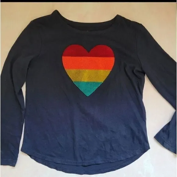Navy rainbow fuzzy heart long sleeve tee