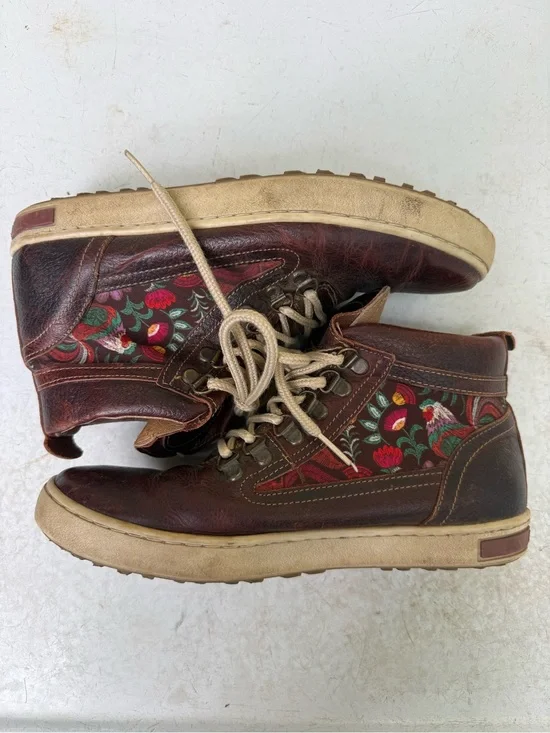 inkkas Tan & Brown Leather High-Top Sneakers w Rooster Floral Burning Man Hippy