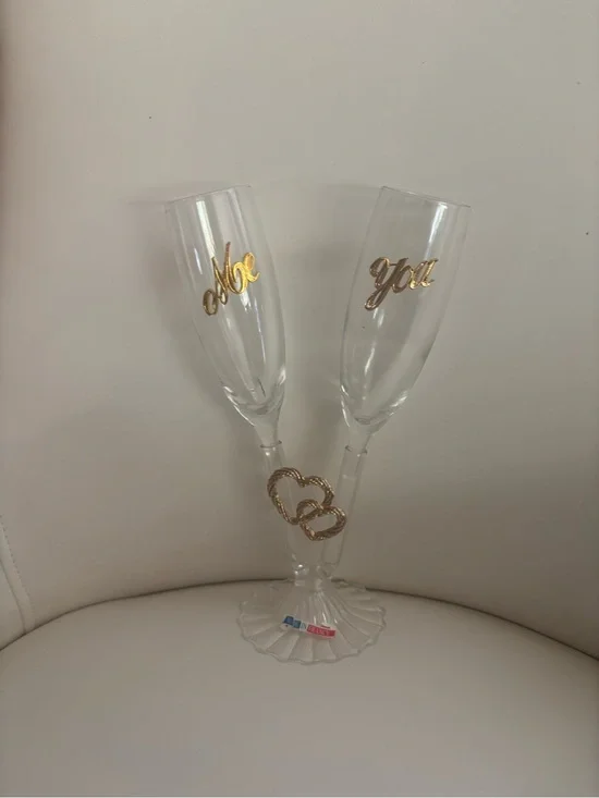 Vintage Gold Script 'Me' and 'You' Crystal Champagne Flutes - Set of 2 /3 parts