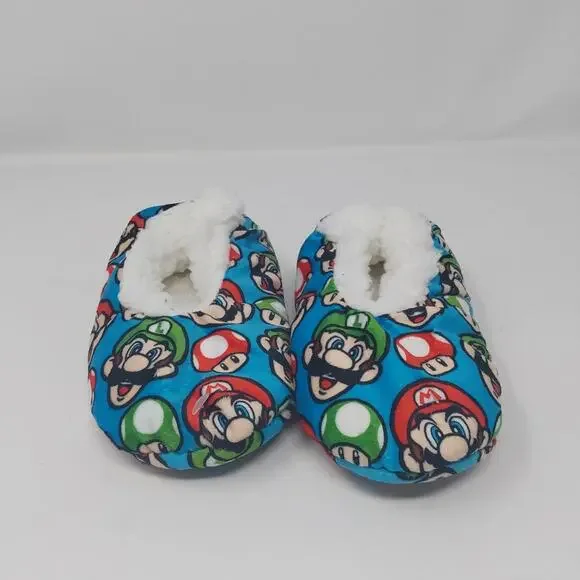 Nintendo Super Mario Luigi Plush Sherpa Slippers Kids Blue Cozy House Shoes 8-13