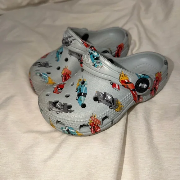 Crocs Kids Gray Slip-On Clogs with Colorful Car Print