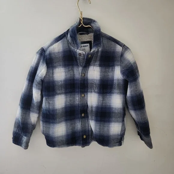 Old‎ Navy Boys Blue White Plaid Sherpa Lined Flannel Shirt Jacket Size M 8