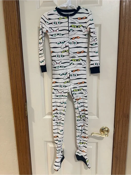 Old Navy White Striped Monster Eyes Footed One-Piece Pajamas with Navy Trim