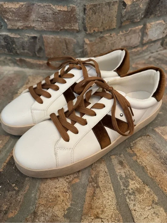 Hey Girl White Sneakers with Brown Suede Accents and Laces Size 10
