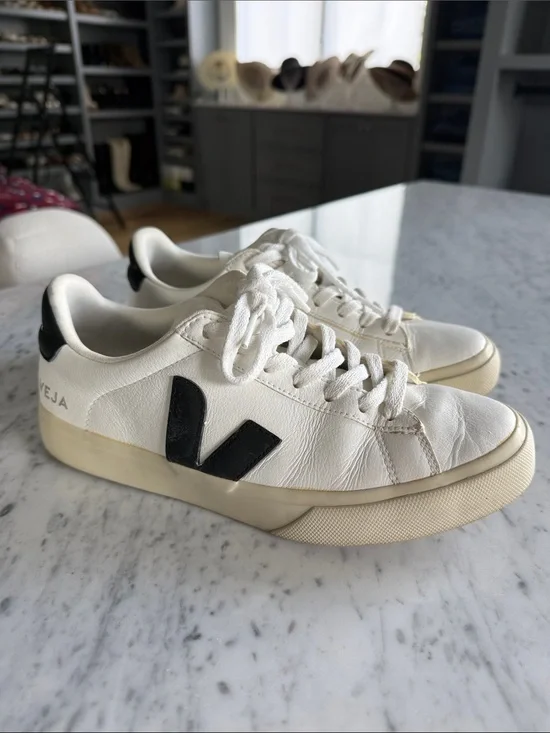 Veja Campos White Leather Sneakers with Black V Accent