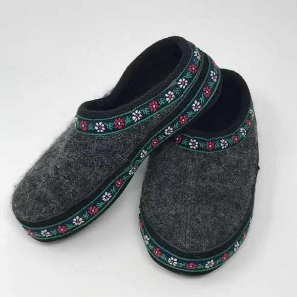 Kids Acorn Gray Wool Slippers floral trim 9.5-10.5