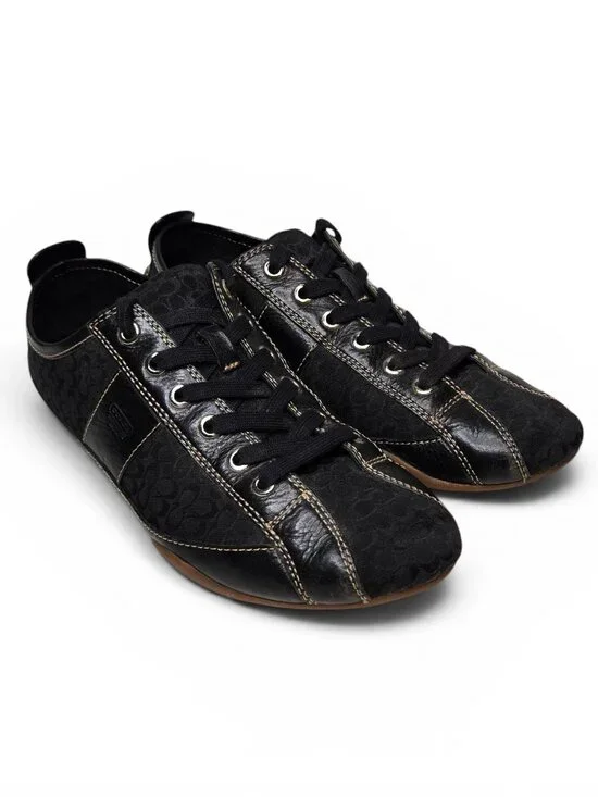 Coach Janae Black Leather Sneakers Womens Signature Canvas Gum Bottoms 7.5