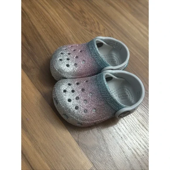 Crocs Baby Toddler  Girls Sz 4C Pink Glittery Sparkle Slip On Clogs Shoes EUC