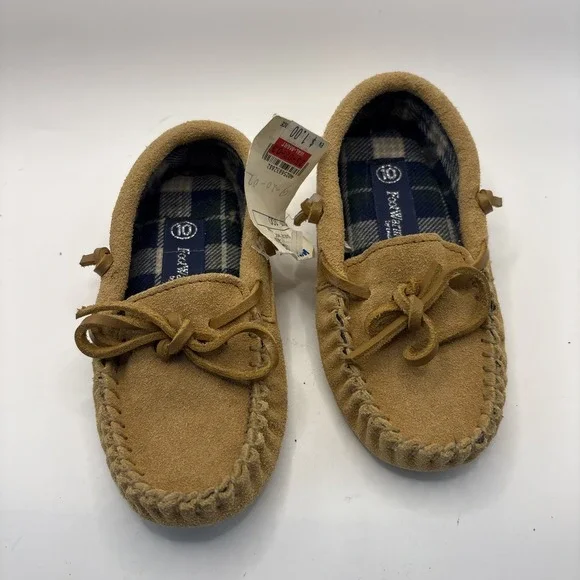 Vtg FootWarmers By Laguna Suede Moccasin Slippers Flannel Lined Sz 10 Toddler