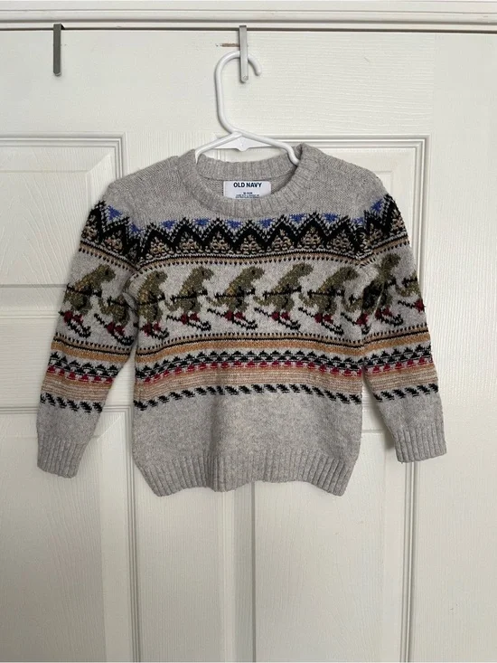 Old Navy 18-24 months Gray Patterned Fair Isle Crewneck Sweater Dino Skiing